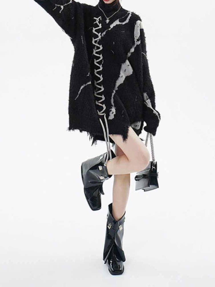 Grunge Ripped Turtleneck Loose Sweater