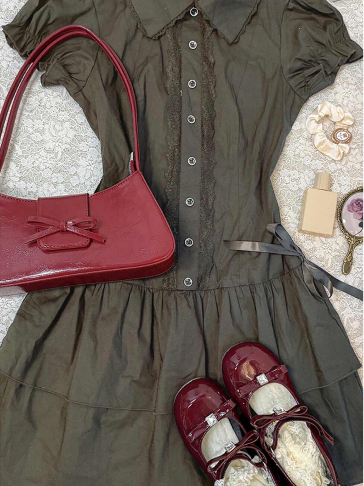 Olive Green Shirt Short-sleeved Dress