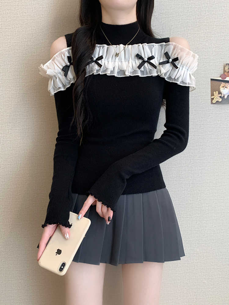Off-shoulder Bow Ruffled Lace Long-sleeved Top