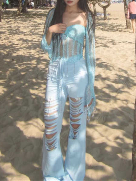 Blue Sequined Handmade Crochet Tube Top