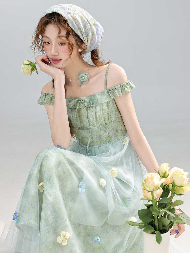 Green Field Flower Suspender Dress