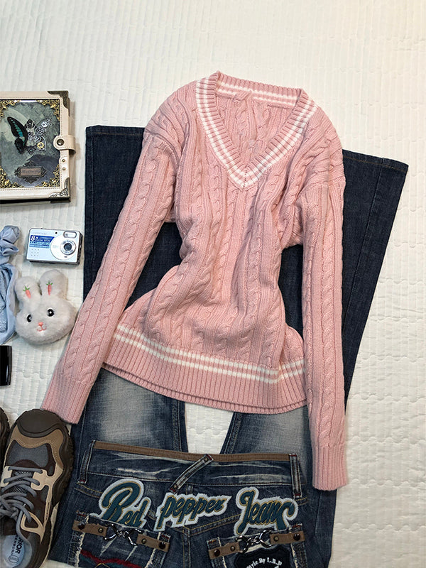 pink V-neck twist sweater