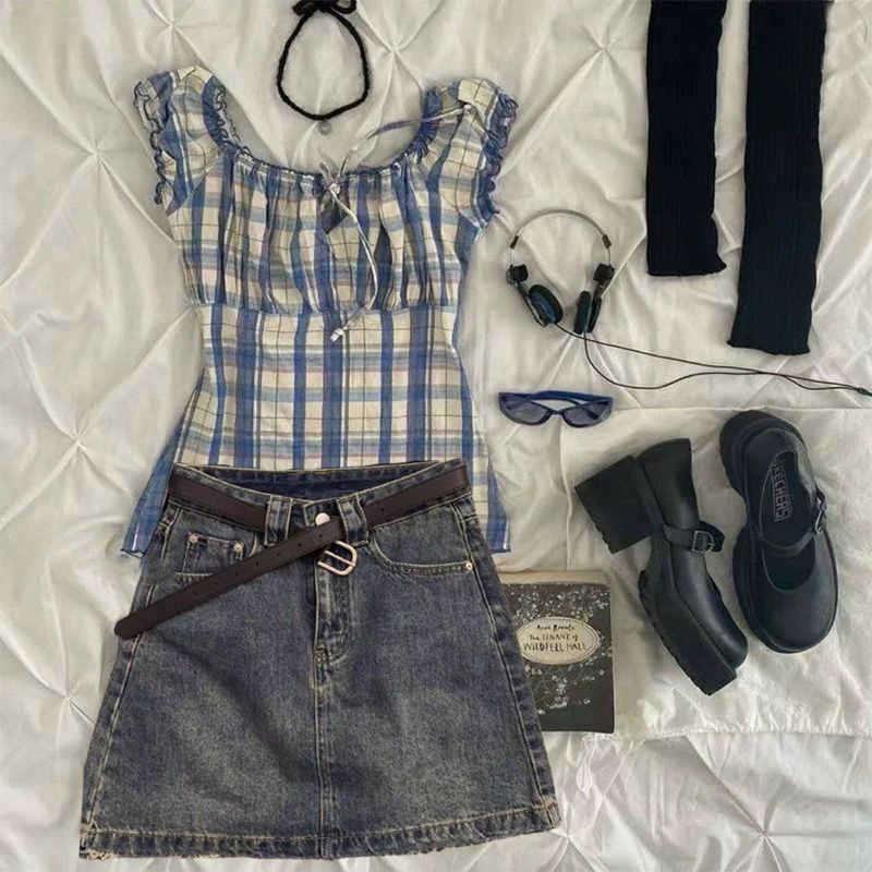 Retro Plaid Top Denim Skirt Set