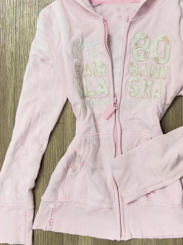 pink letter hooded sweatshirt jacket