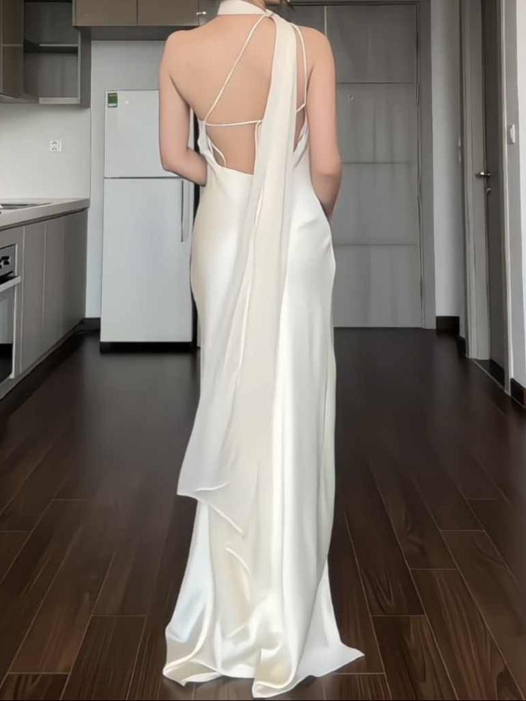 Satin Oblique Shoulder Backless Dress
