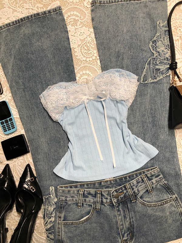Blue Lace Spliced Knitted Tube Top