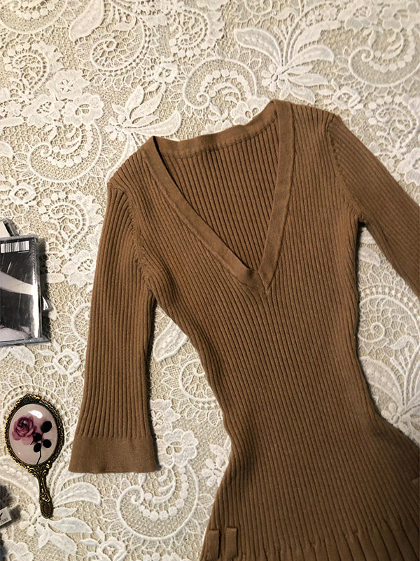 French retro new V-neck mid-sleeve dress