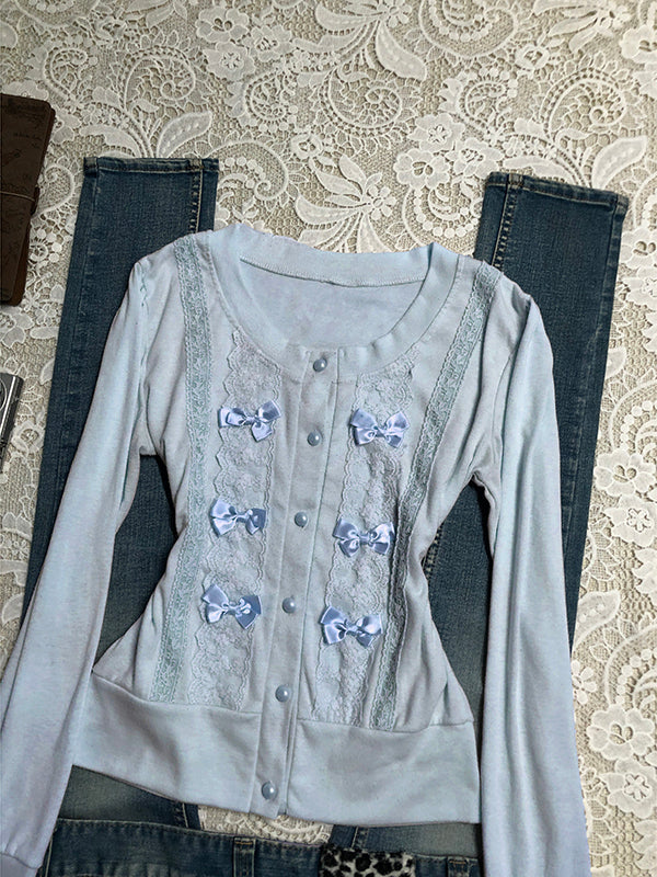 blue bow long-sleeved cardigan