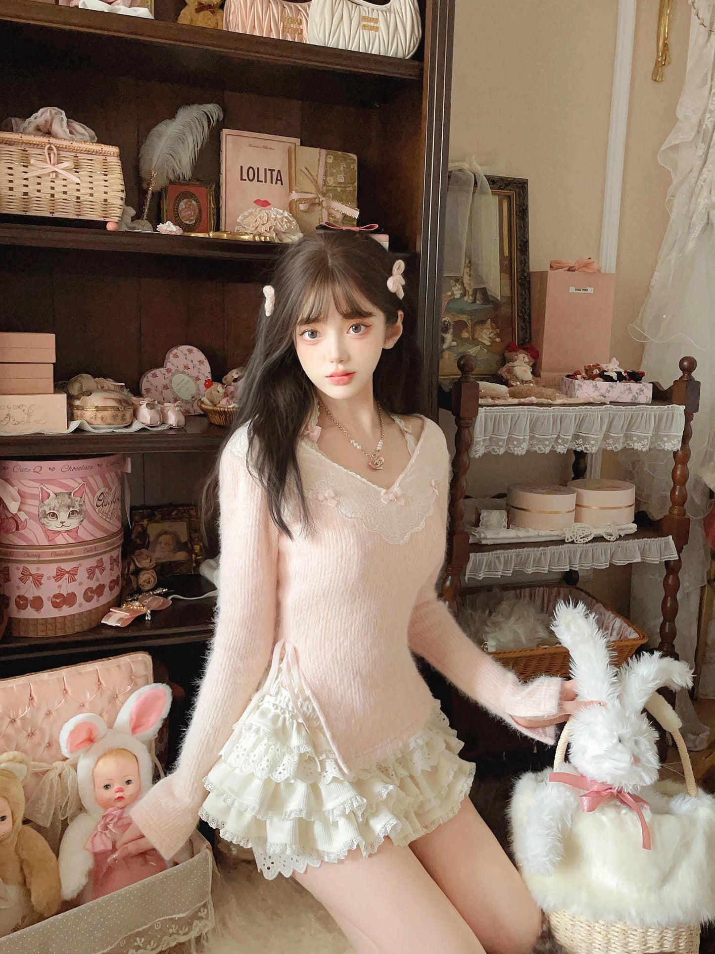 Fluffy Knitted Lace Slit Sweater