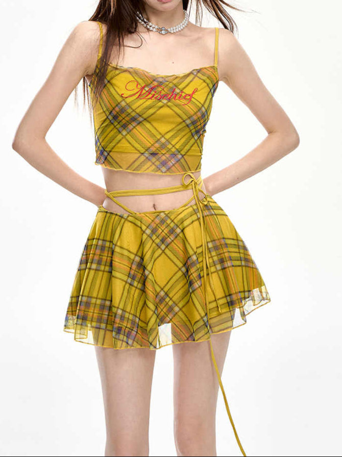Y2K Plaid Embroidered Letters Skirt Coord