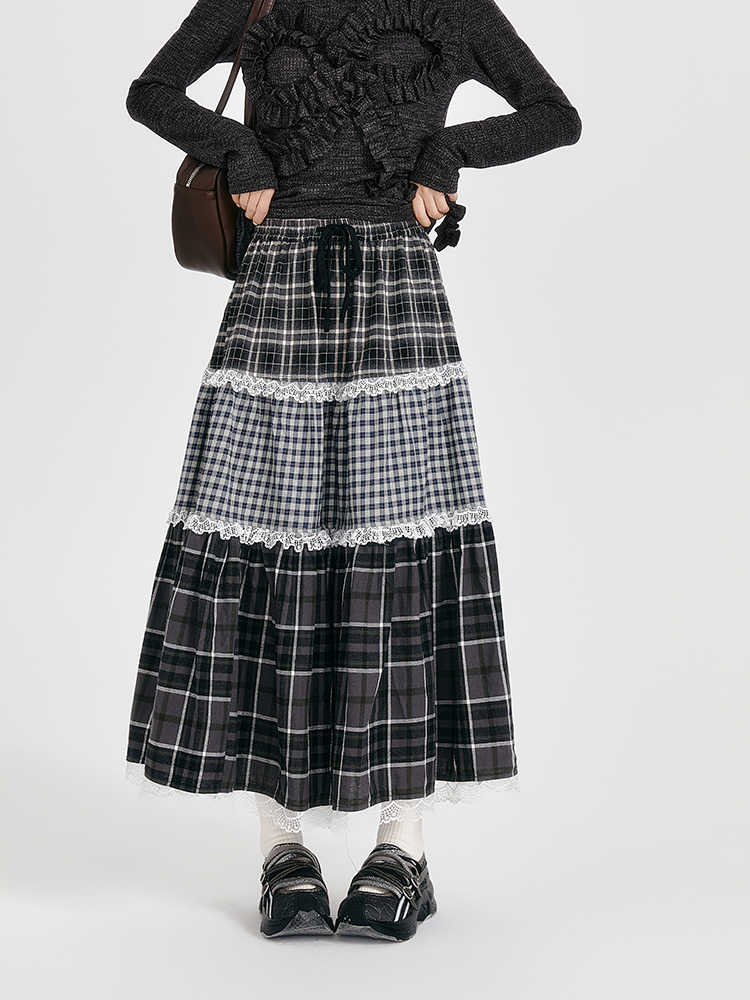 Fairy Grunge Plaid Lace Spliced Skirt