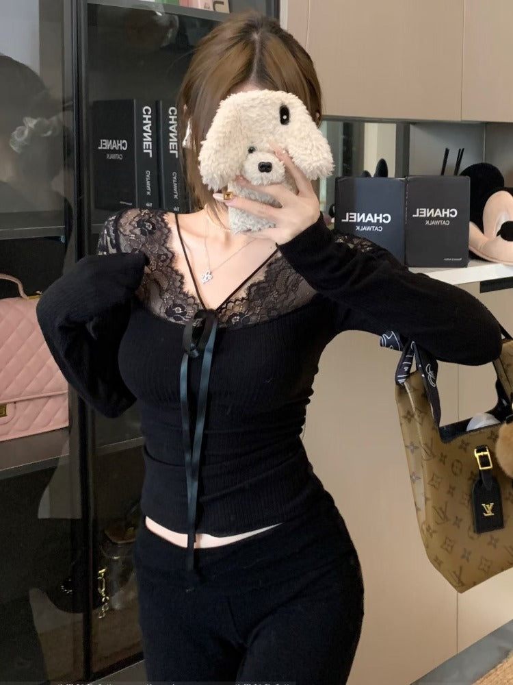 lace splicing long-sleeved top