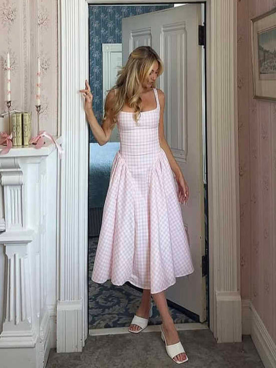French Pink Plaid Suspender Dress