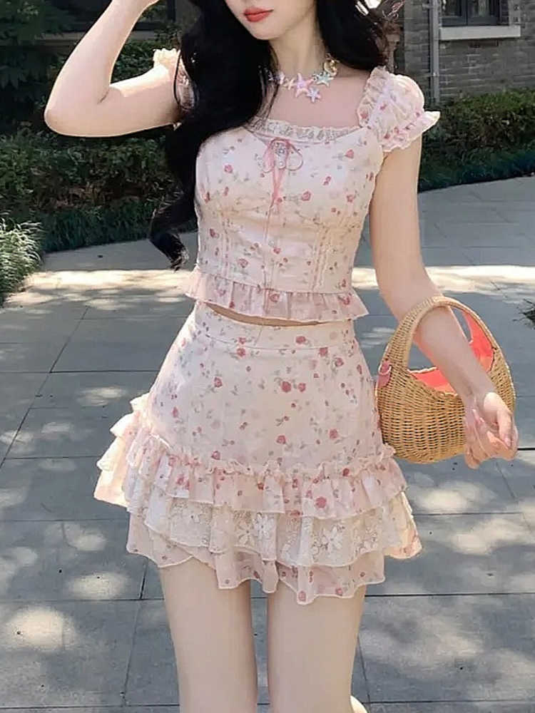 Floral Lace Top + Cake Skirt Set