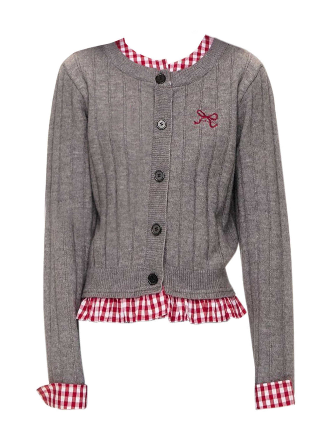 Preppy Plaid Cut Fake Two-piece Knitted Cardigan