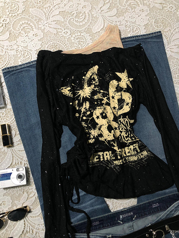 American retro butterfly graffiti off-shoulder long-sleeved top