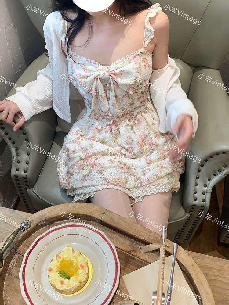 Retro Lace Bow Floral Dress