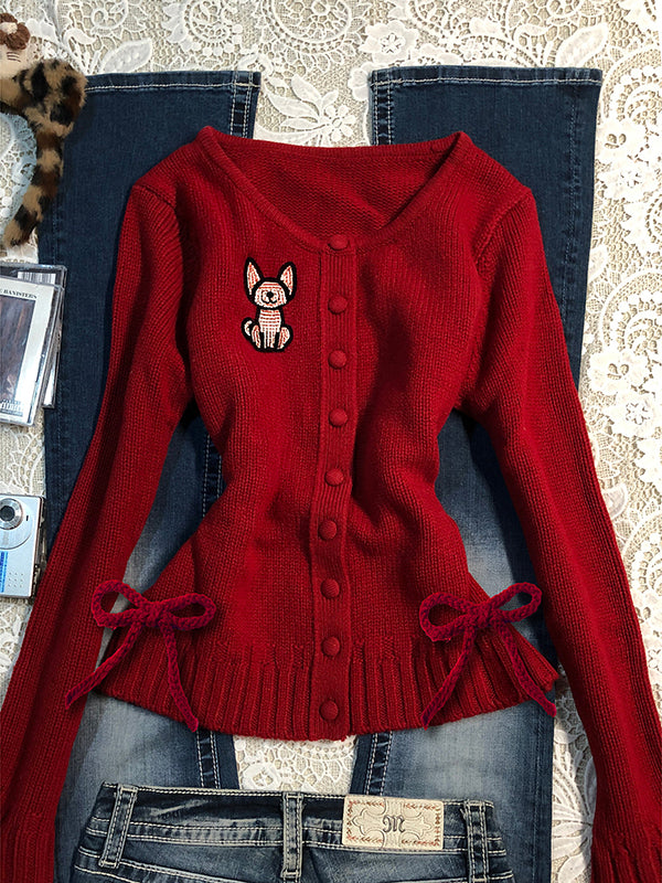 red cartoon V-neck knitted cardigan