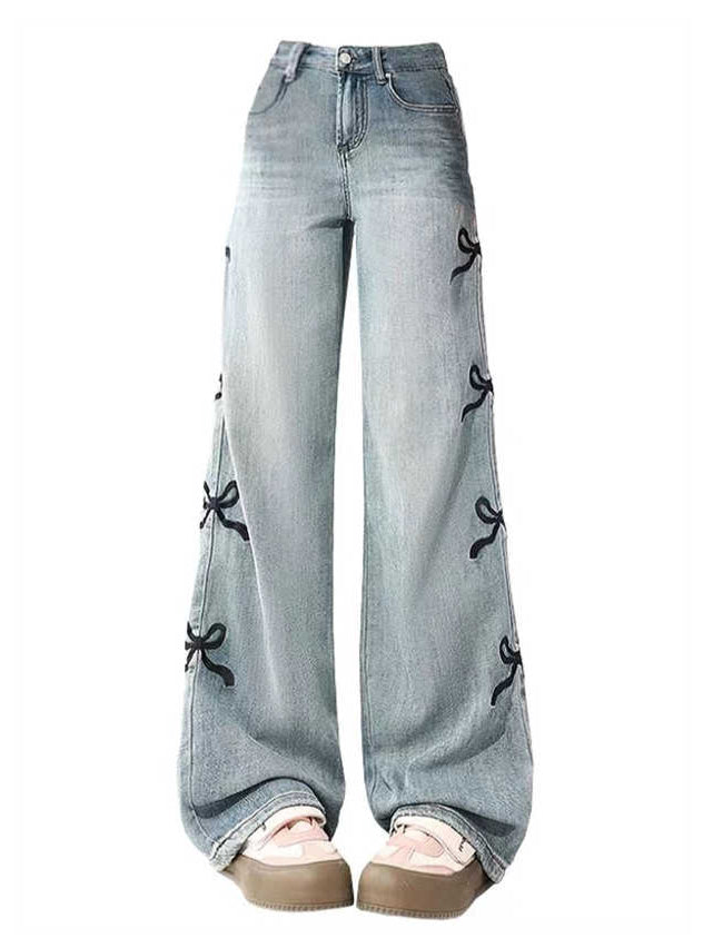 Embroidered Bow Bell Bottom Jeans