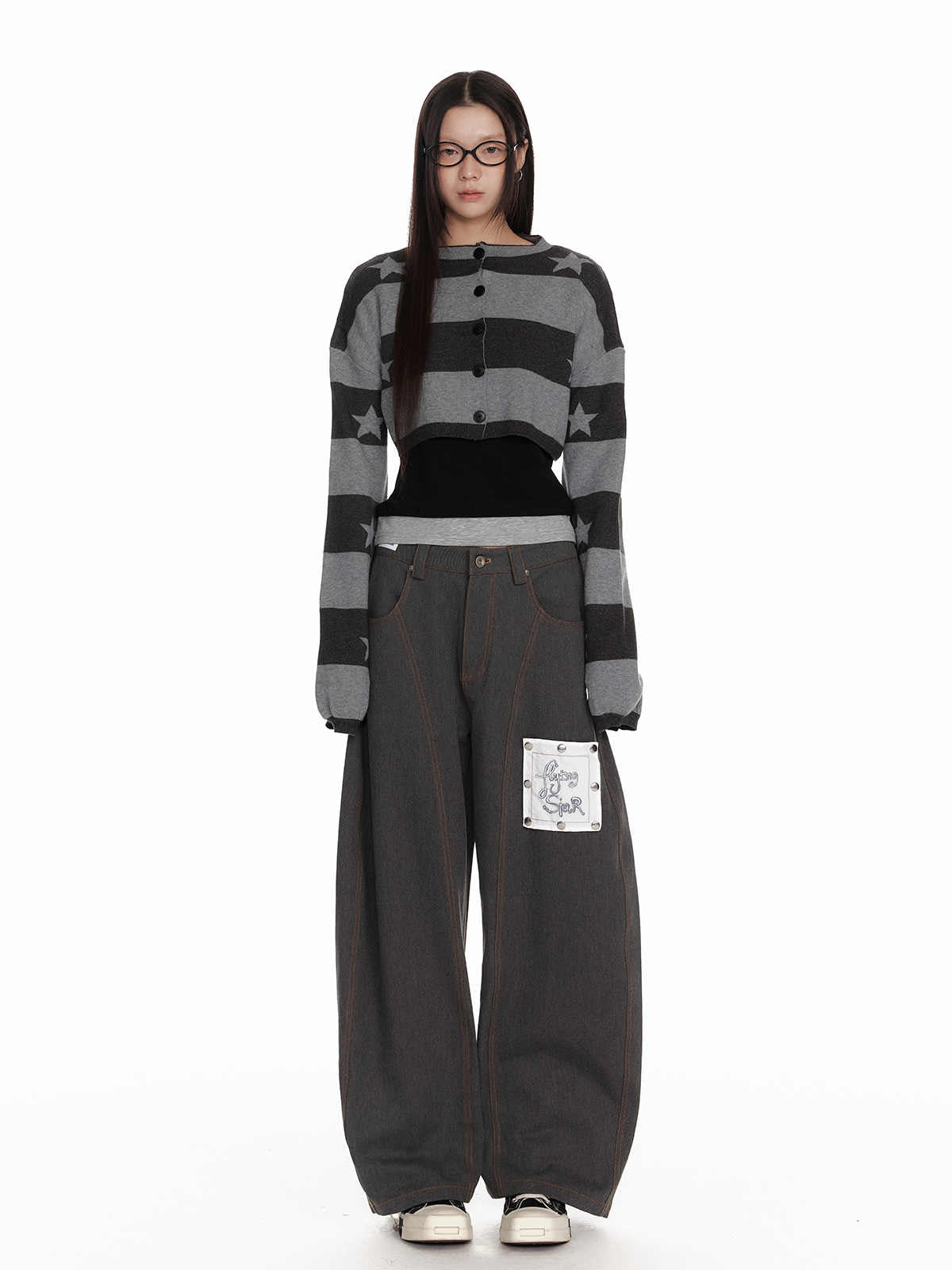 Y2K Grunge Stars Striped Knit Cardigan