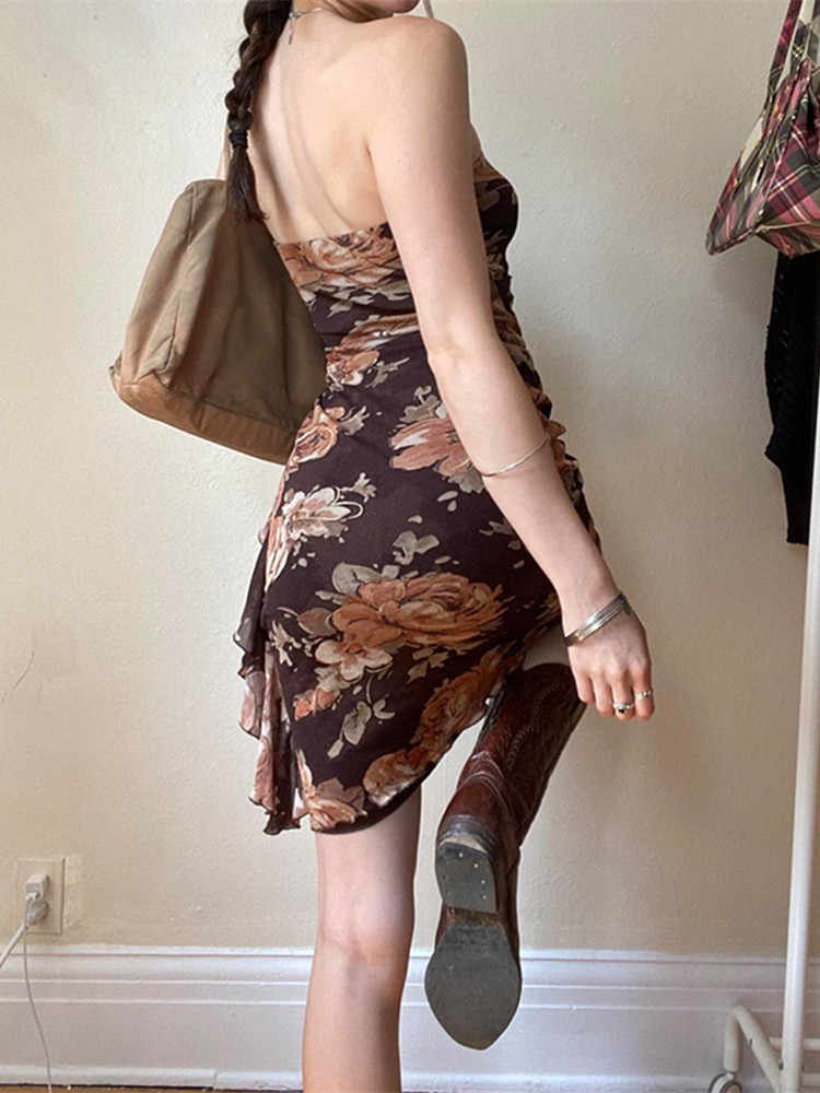 Fairy Grunge Brown Floral Mesh Dress