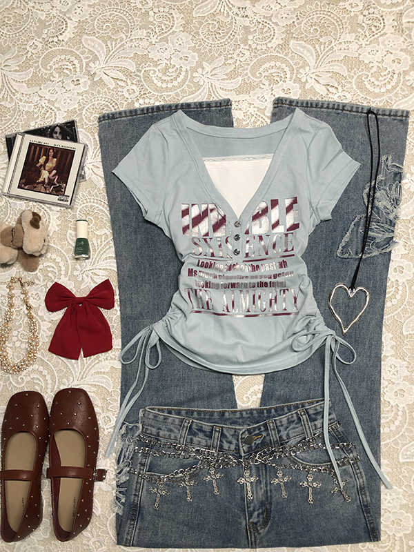 Lace Edge Letter Retro T-shirt