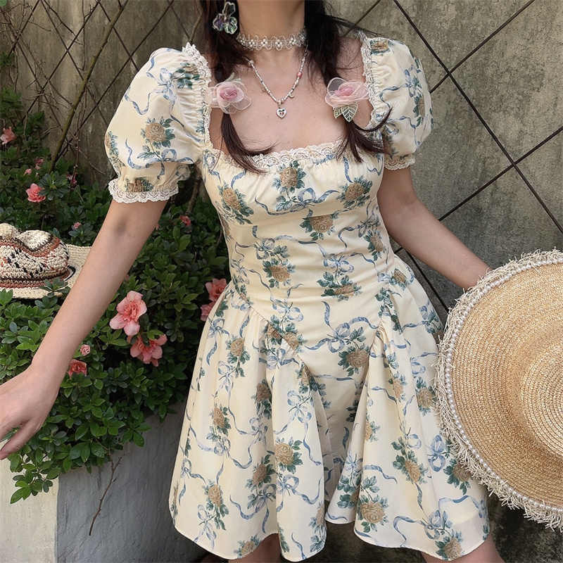 Square Neck Lace Puff Sleeves Dress