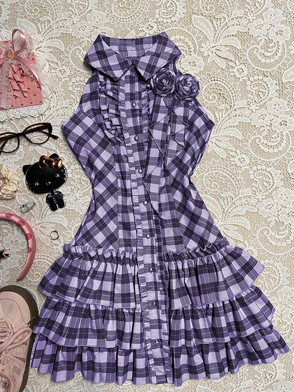 Purple Rose Plaid Shirt Dress
