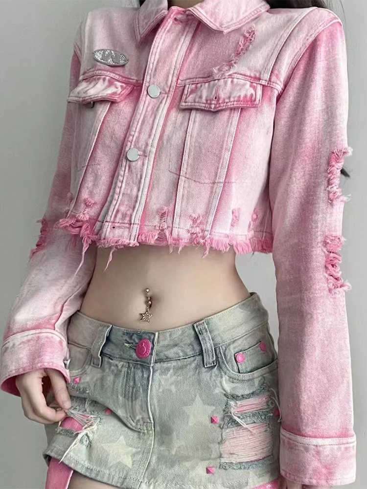 Y2K Pink Ripped Denim Crop Jacket