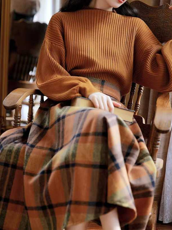 Preppy Plaid Woolen Sweater + Skirt