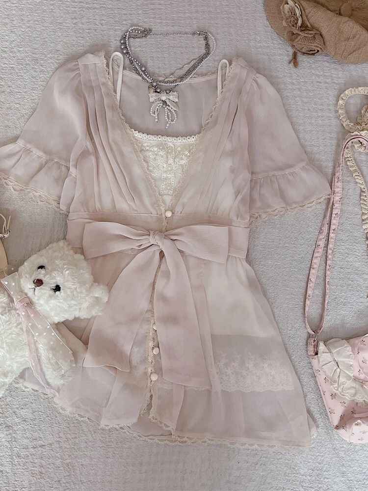 Pink Lace Cardigan Three-piece Suit