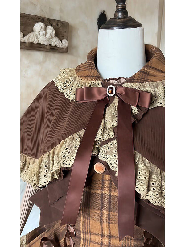 Sweet Lolita brown plaid cape coat dress