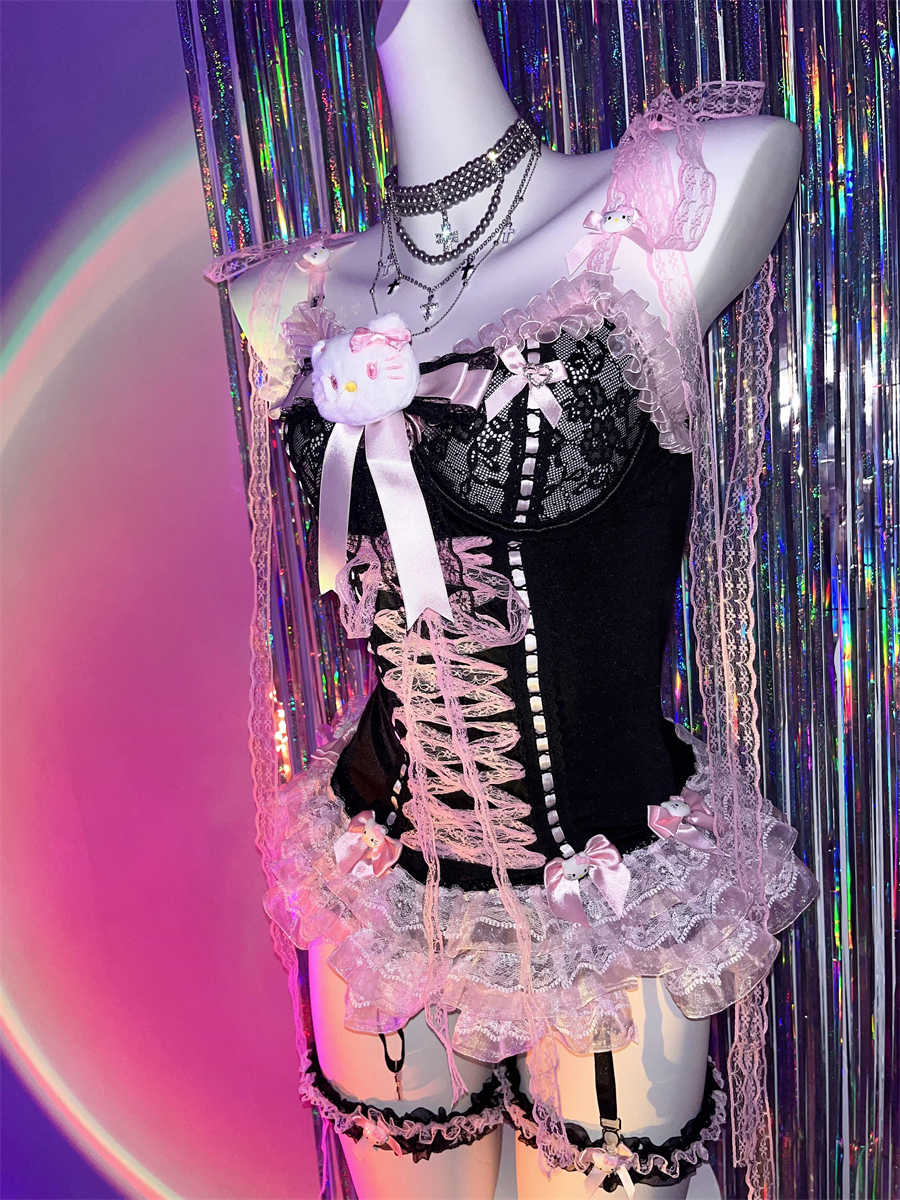 Y2K Black Pink Lace Bow Corset