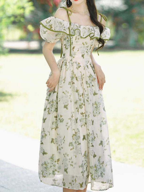 Tea Break Ruffled Shoulder Green Floral Dress