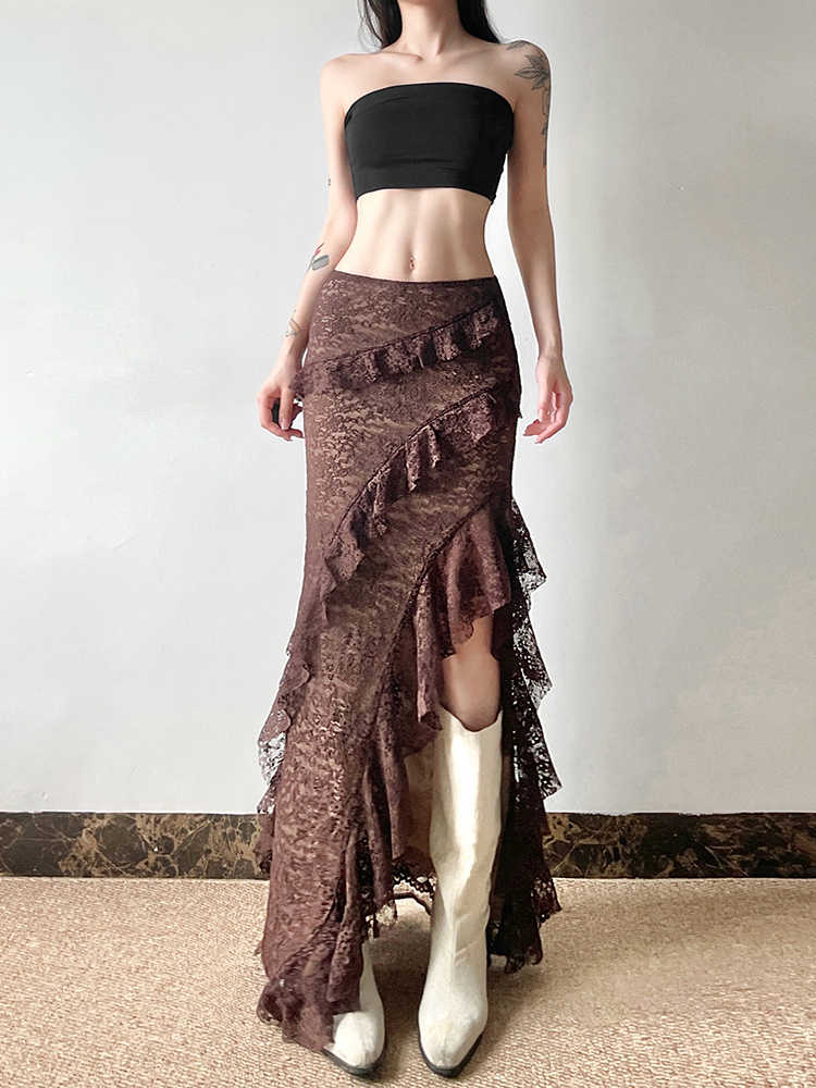 Fairy Grunge Brown Lace Split Skirt