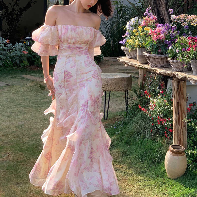 Off-shoulder Mesh Floral Puff-sleeved Dress