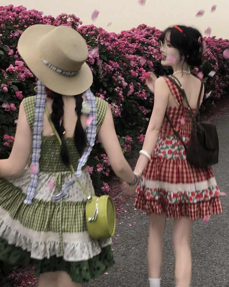 Sweet Cherry Plaid Suspender Dress