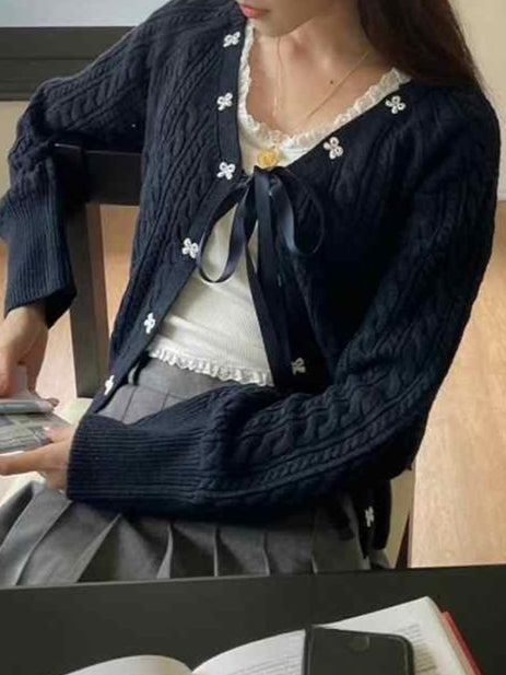 Preppy Bow Tie Coquette Knitted Cardigan