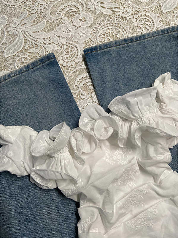 White Embroidered Ruffled Shirt