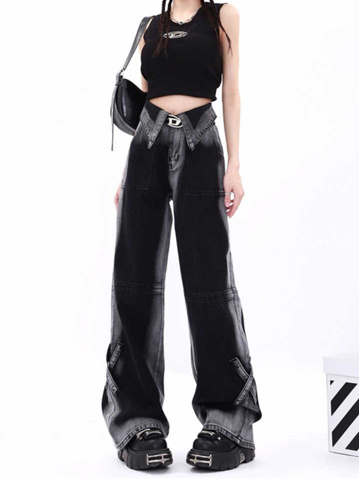 Grunge Street Distressed Cuff Baggy Jeans