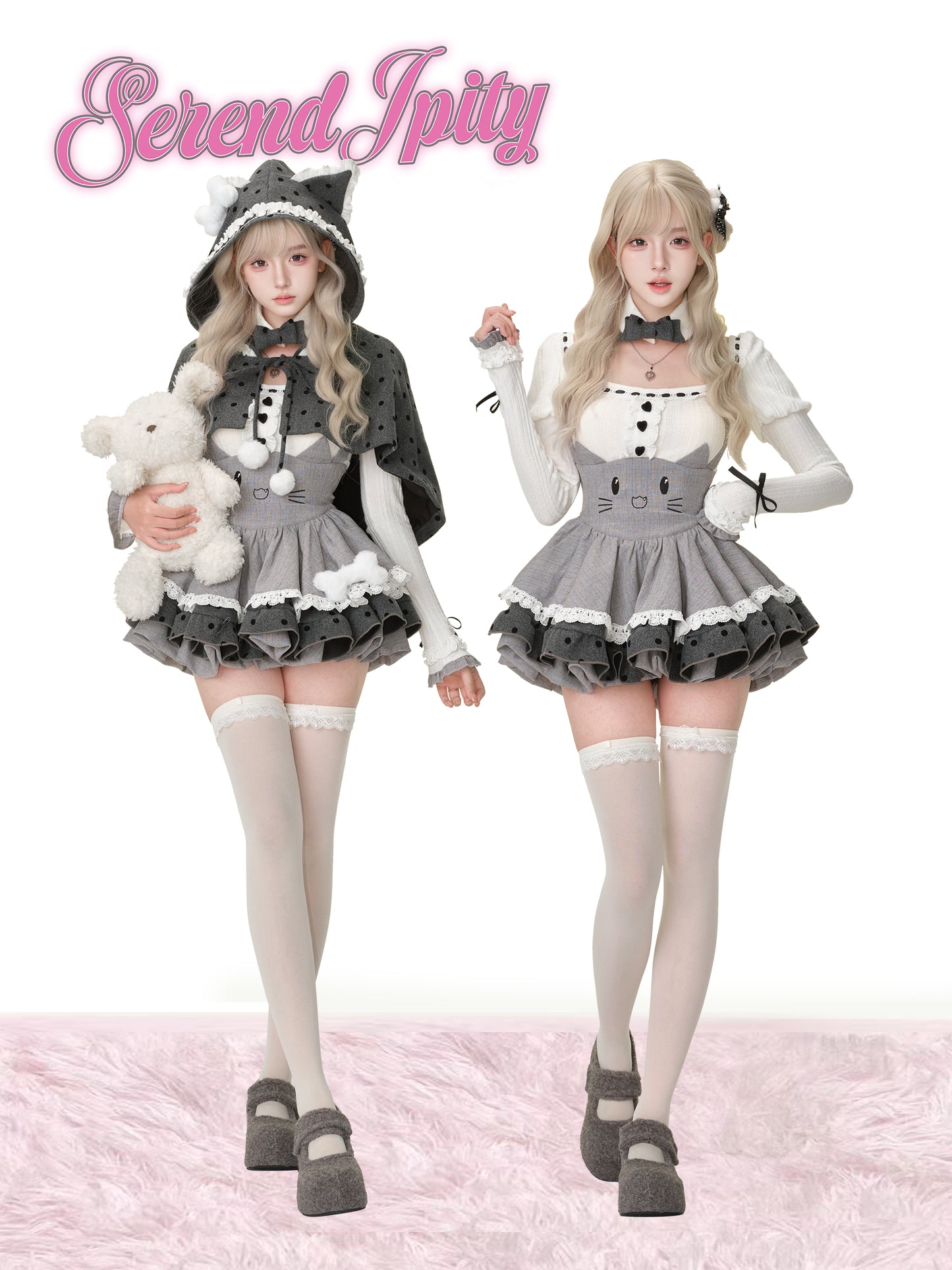 Gray cat doll bow tie suspender skirt