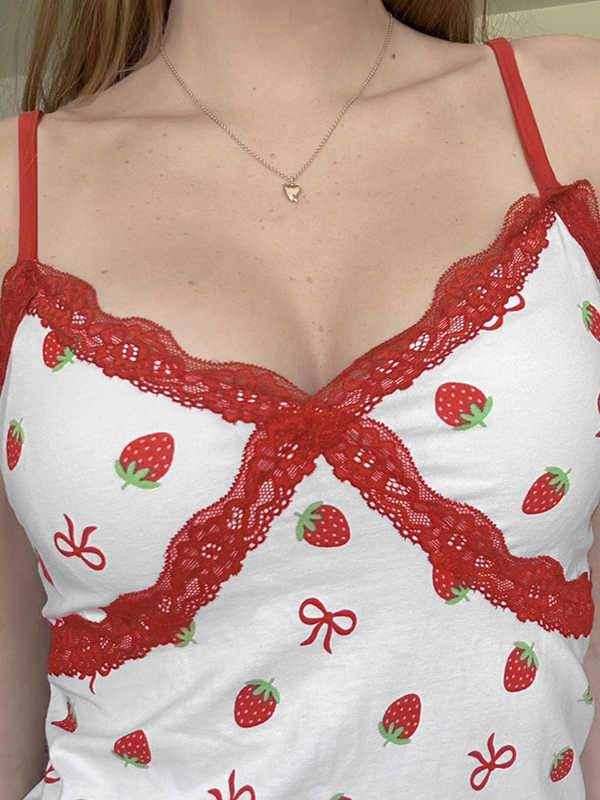 Strawberry Print Bow White Tank Top