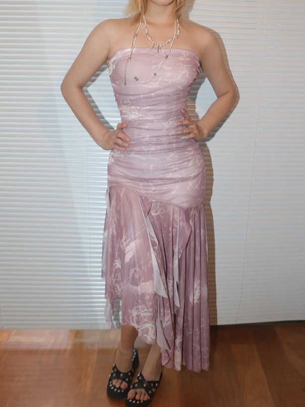 Pleated Mesh Tulle Irregular Dress