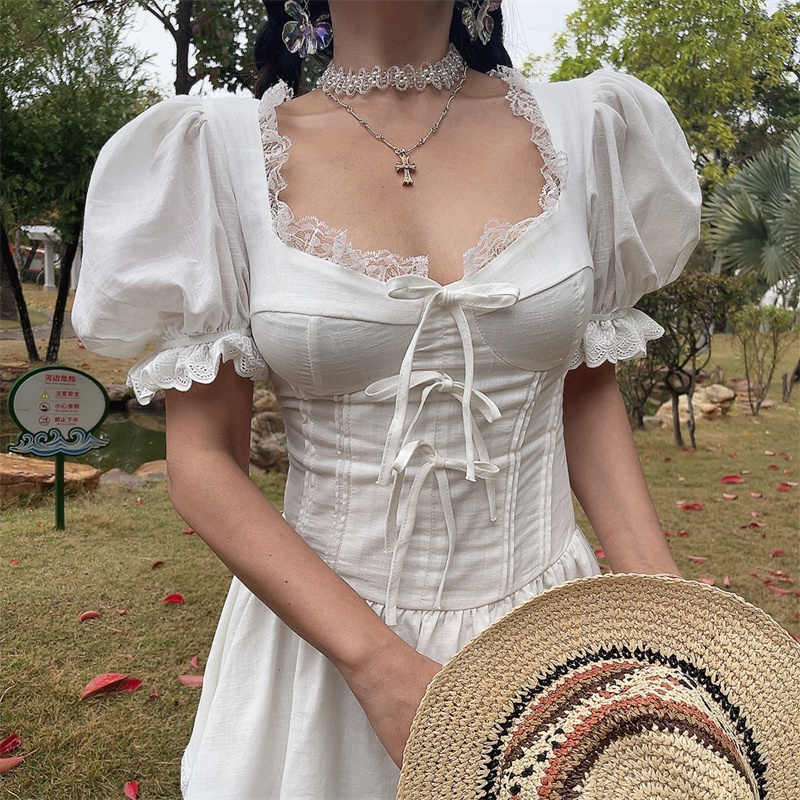 Jasmine Puff Sleeves Lace Bow Dress