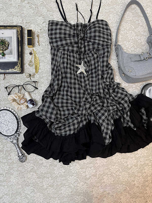 Retro Plaid Suspender Dress