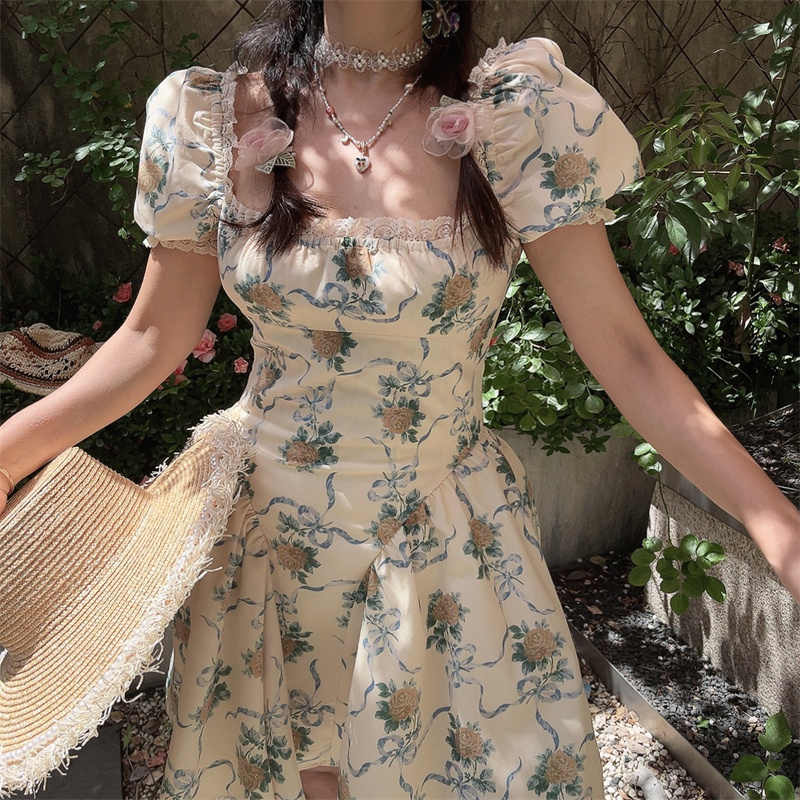 Square Neck Lace Puff Sleeves Dress