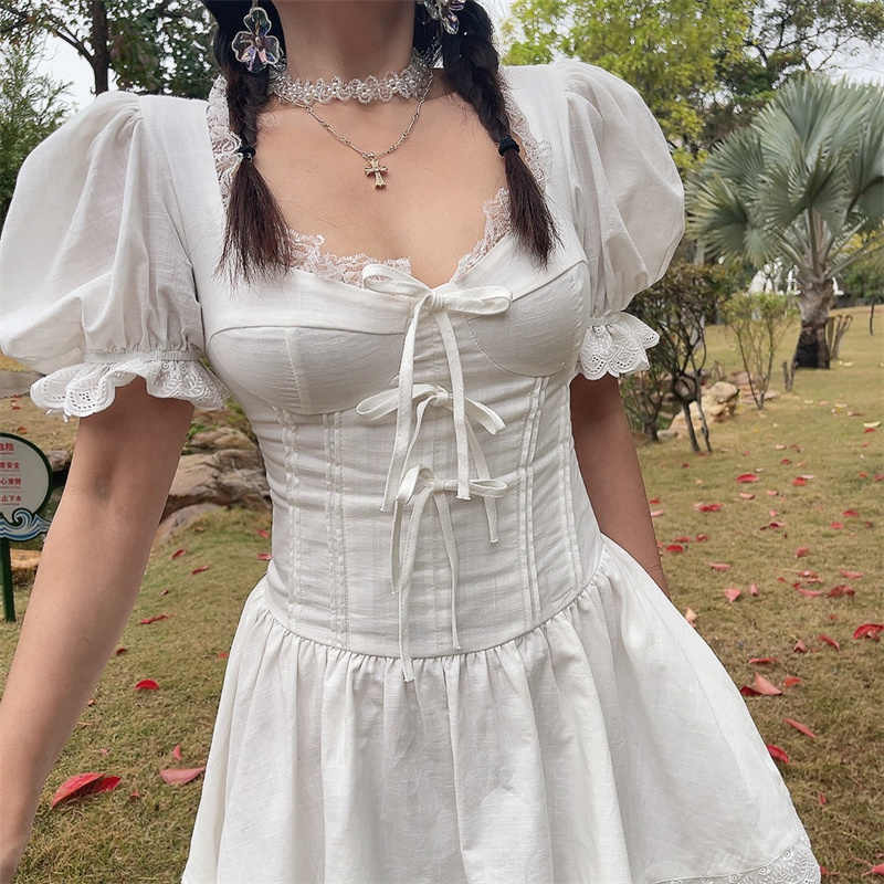 Jasmine Puff Sleeves Lace Bow Dress