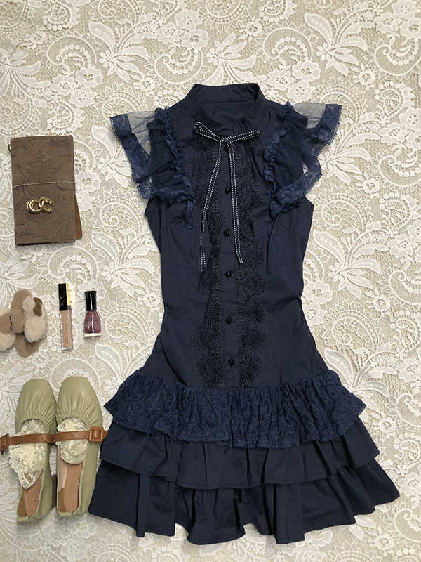 Dark Coquette Stand-up Collar Shirt Dress