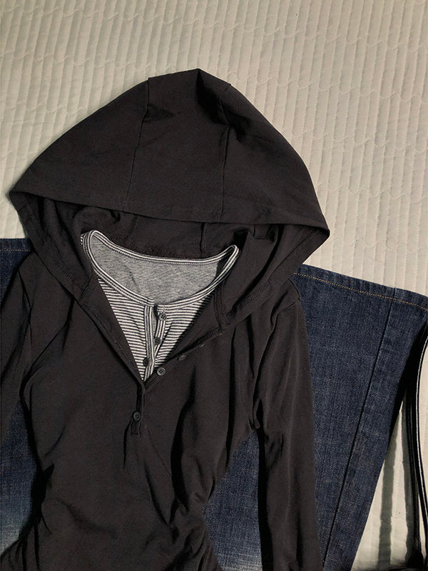 gray fake two-piece hooded sweatshirt