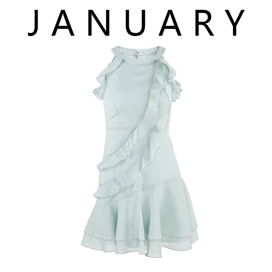 French Halter Neck Ruffle Sleeveless Dress